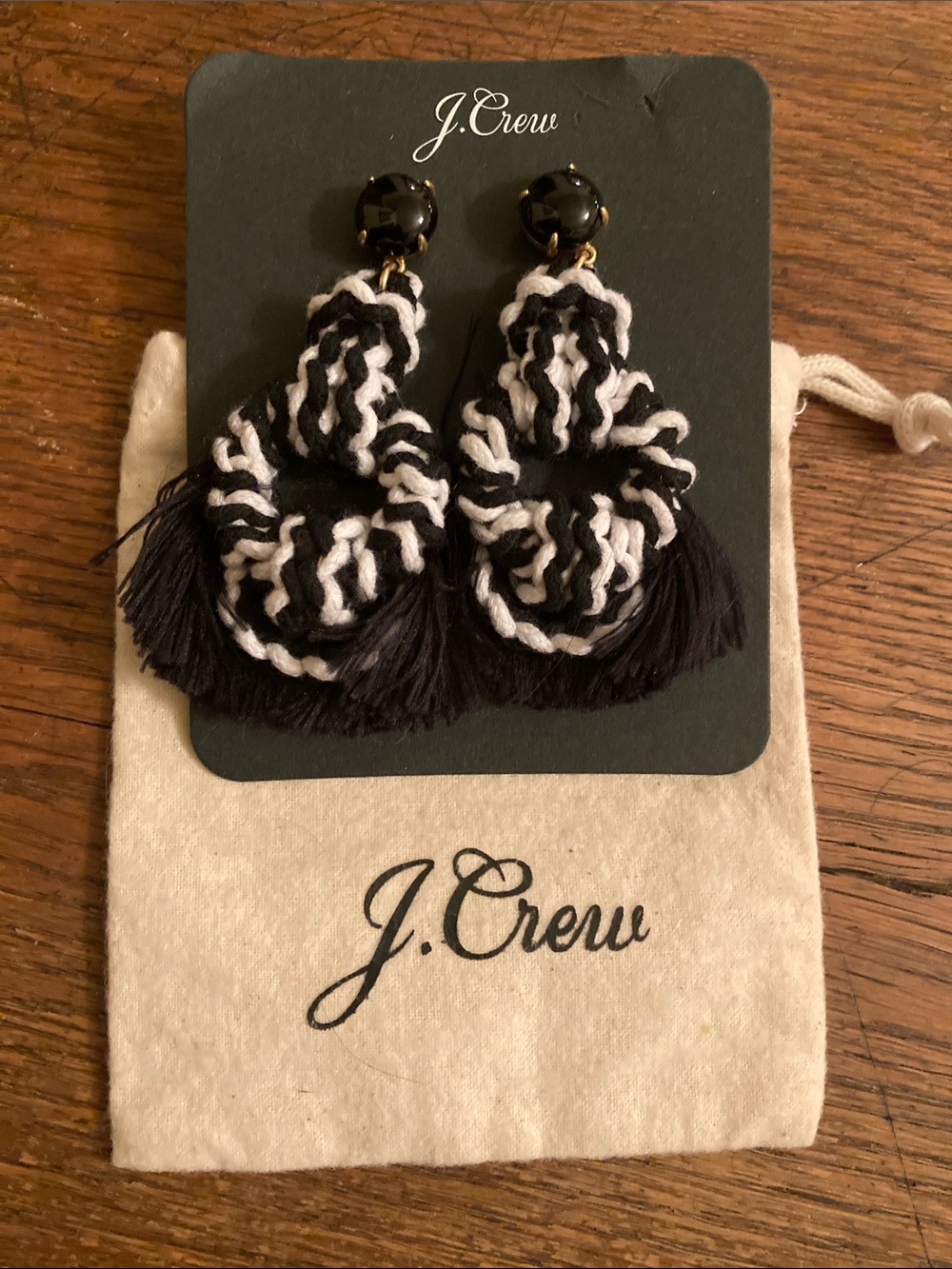 J. Crew Sailor’s Knot Black & White Tassel Earrings w/Dust Bag NWT